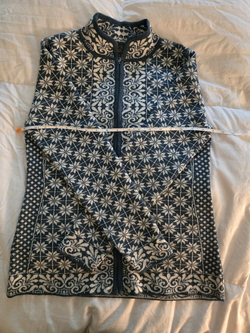 Turquoise and Cream Fair Isle Baby Alpaca Zip Sweater L